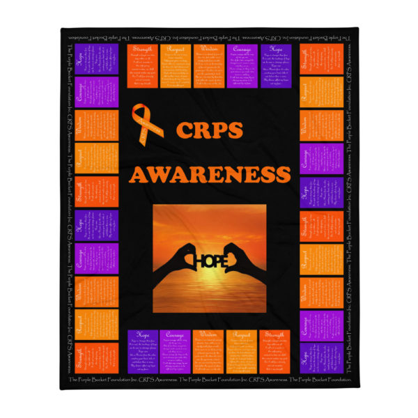 The soft CRPS Awareness Hope Throw rug has a colourful border of imprinted strength flags