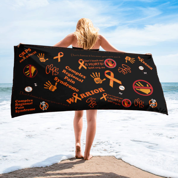 A beach towel with CRPS Warrior Don't touch me it hurts and relevant pictures