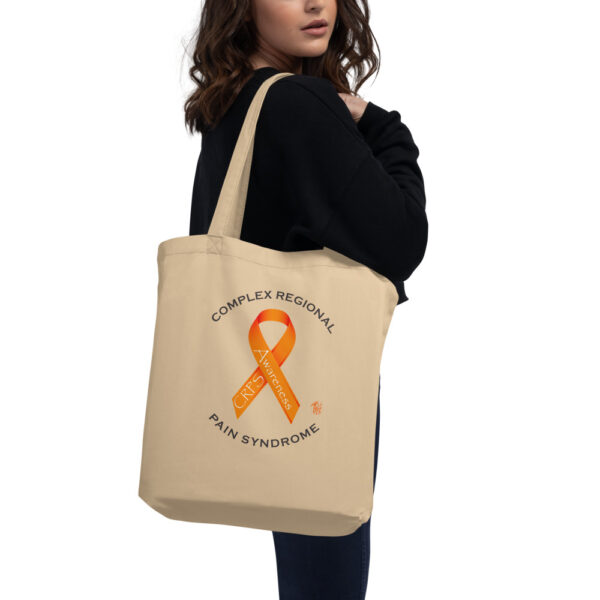 One side of Eco friendly tote bag with CRPS Awareness ribbon and Complex Regional Pain Syndrome