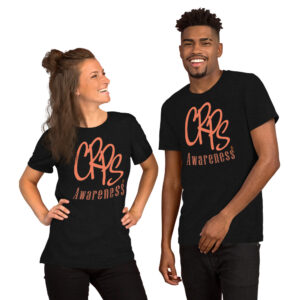 CRPS Awareness in orange print on the front of a black unisex t-shirt