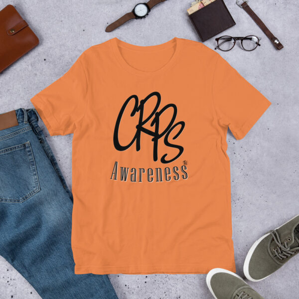CRPS Awareness in black print on the front of a burnt orange unisex t-shirt