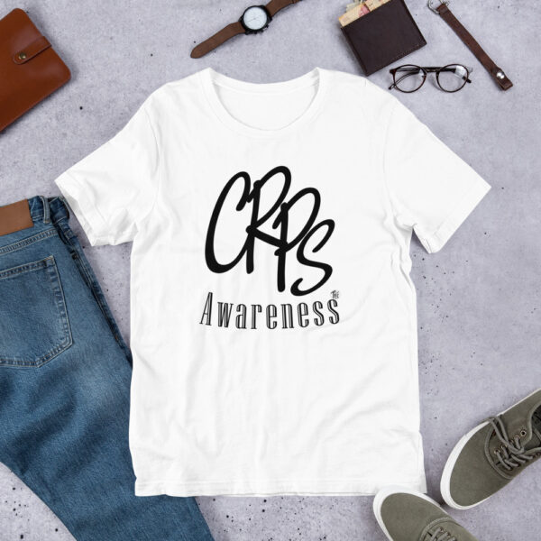 CRPS Awareness in black print on the front of a white unisex t-shirt