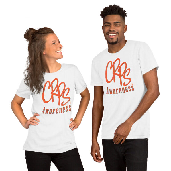 CRPS Awareness in orange print on the front of a white unisex t-shirt