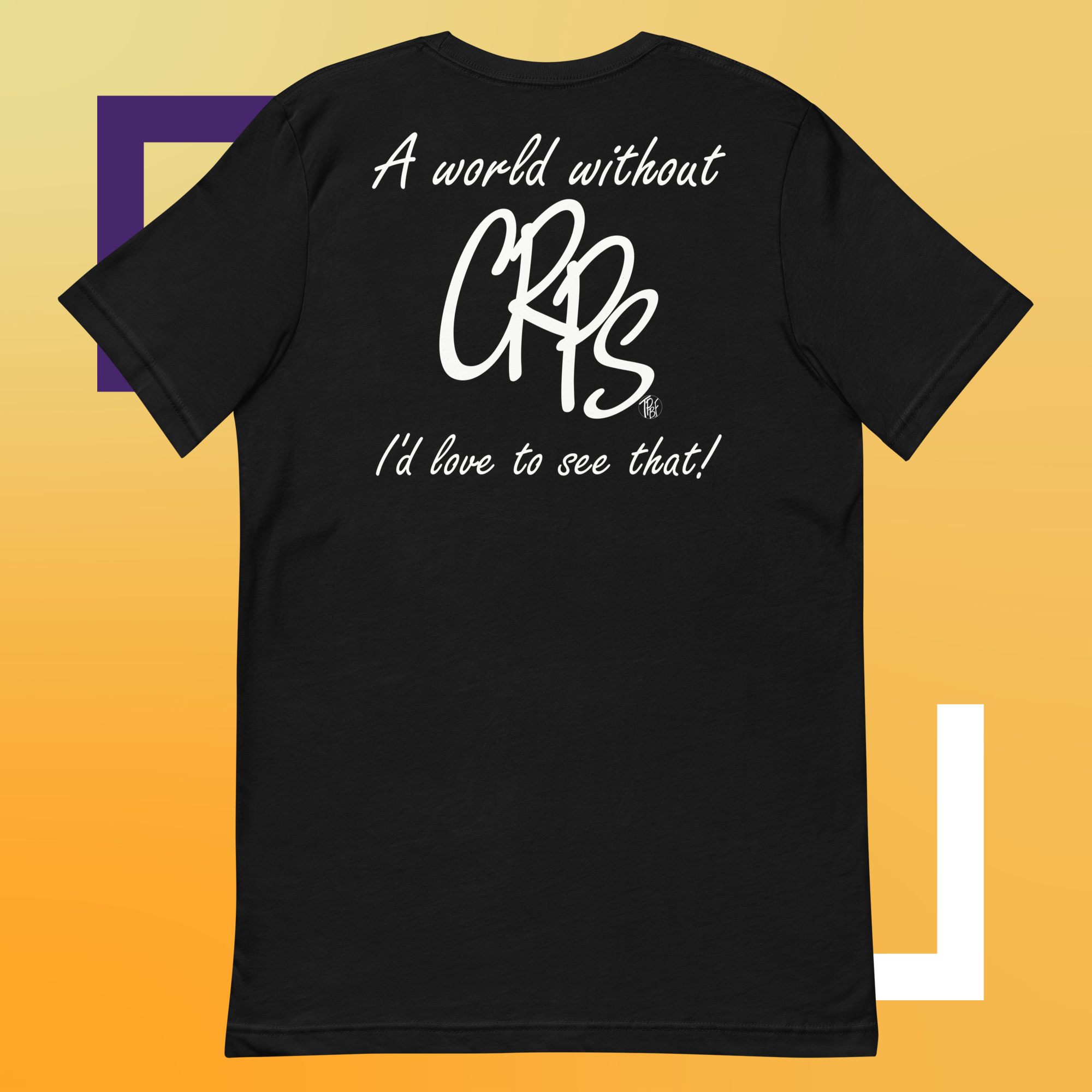 Quality black uni-sex t-shirt with the words "A world without CRPS I'd Like to see that!" written in white printed on the back.