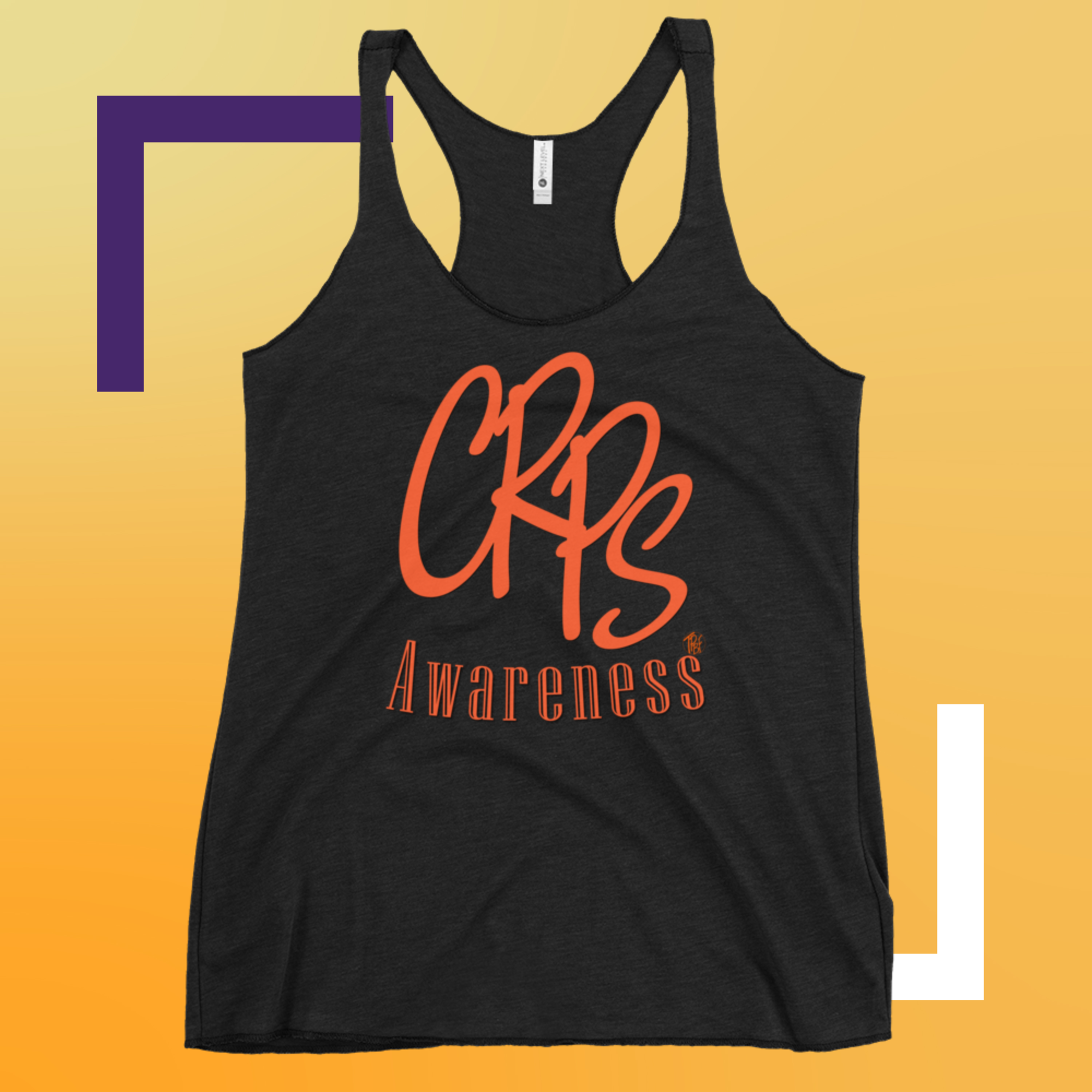 Quality black women's racer back singlet top with CRPS Awareness in orange printed on the front.